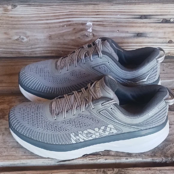 Hoka Bondi 7 Gray and White Athletic Shoes with Maximalist Cushioning - Picture 5 of 14